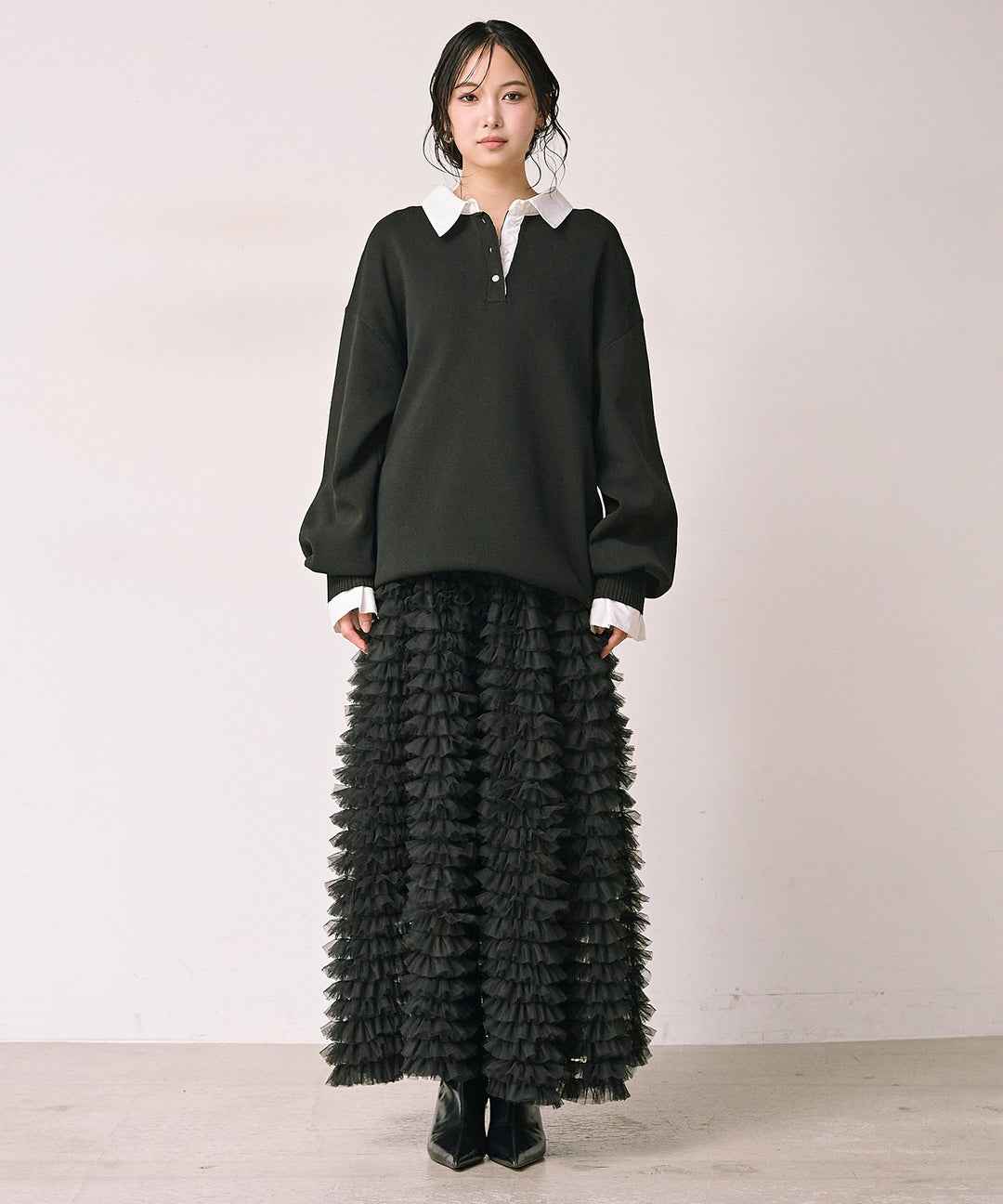 [SET]Texture Combi Polo Knit+Verbena Pin Tulle Skirt