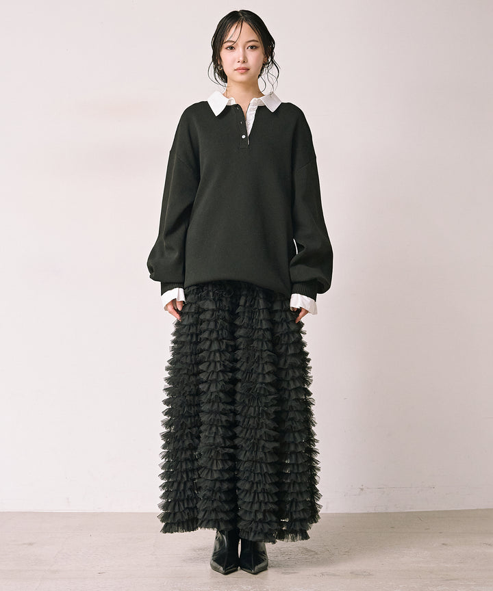 [SET]Texture Combi Polo Knit+Verbena Pin Tulle Skirt