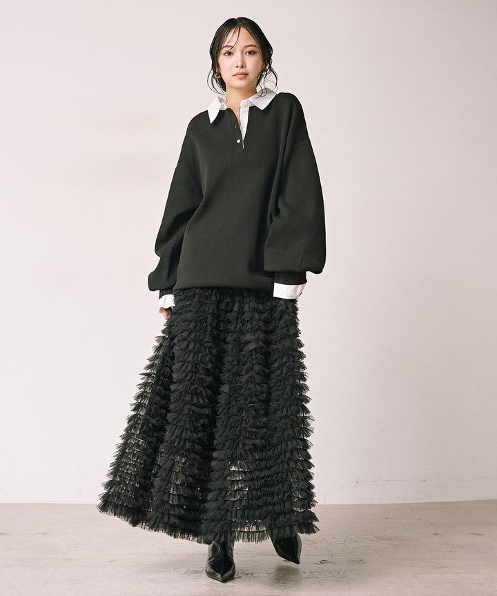 (eliuu)Texture Combi Polo Knit