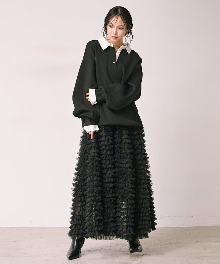 [SET]Texture Combi Polo Knit+Verbena Pin Tulle Skirt