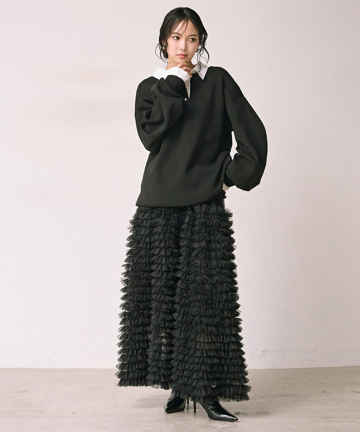 [SET]Texture Combi Polo Knit+Verbena Pin Tulle Skirt