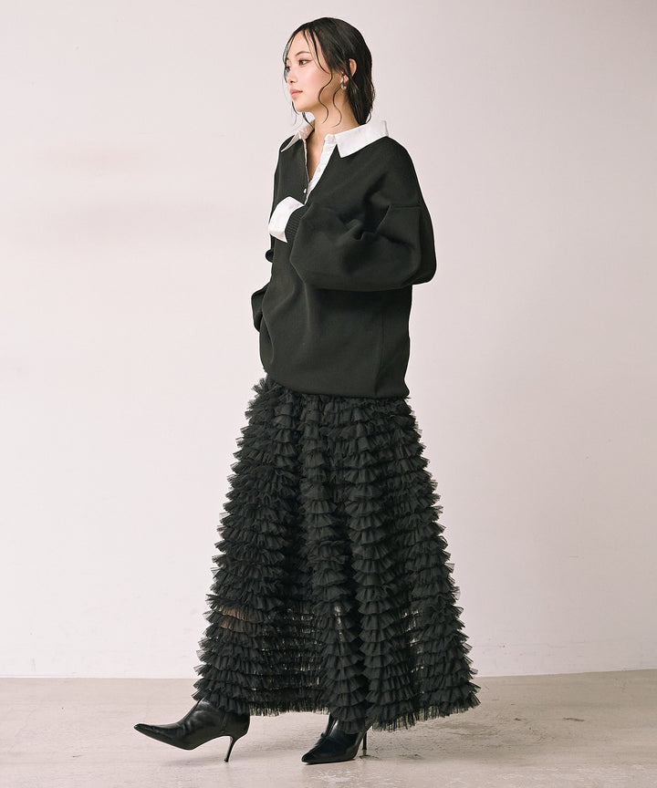 [SET]Texture Combi Polo Knit+Verbena Pin Tulle Skirt