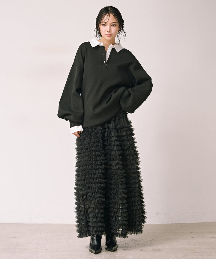 [SET]Texture Combi Polo Knit+Verbena Pin Tulle Skirt