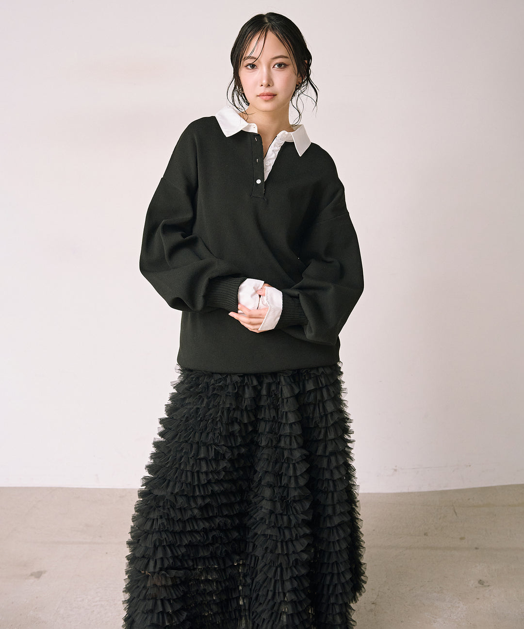 [SET]Texture Combi Polo Knit+Verbena Pin Tulle Skirt