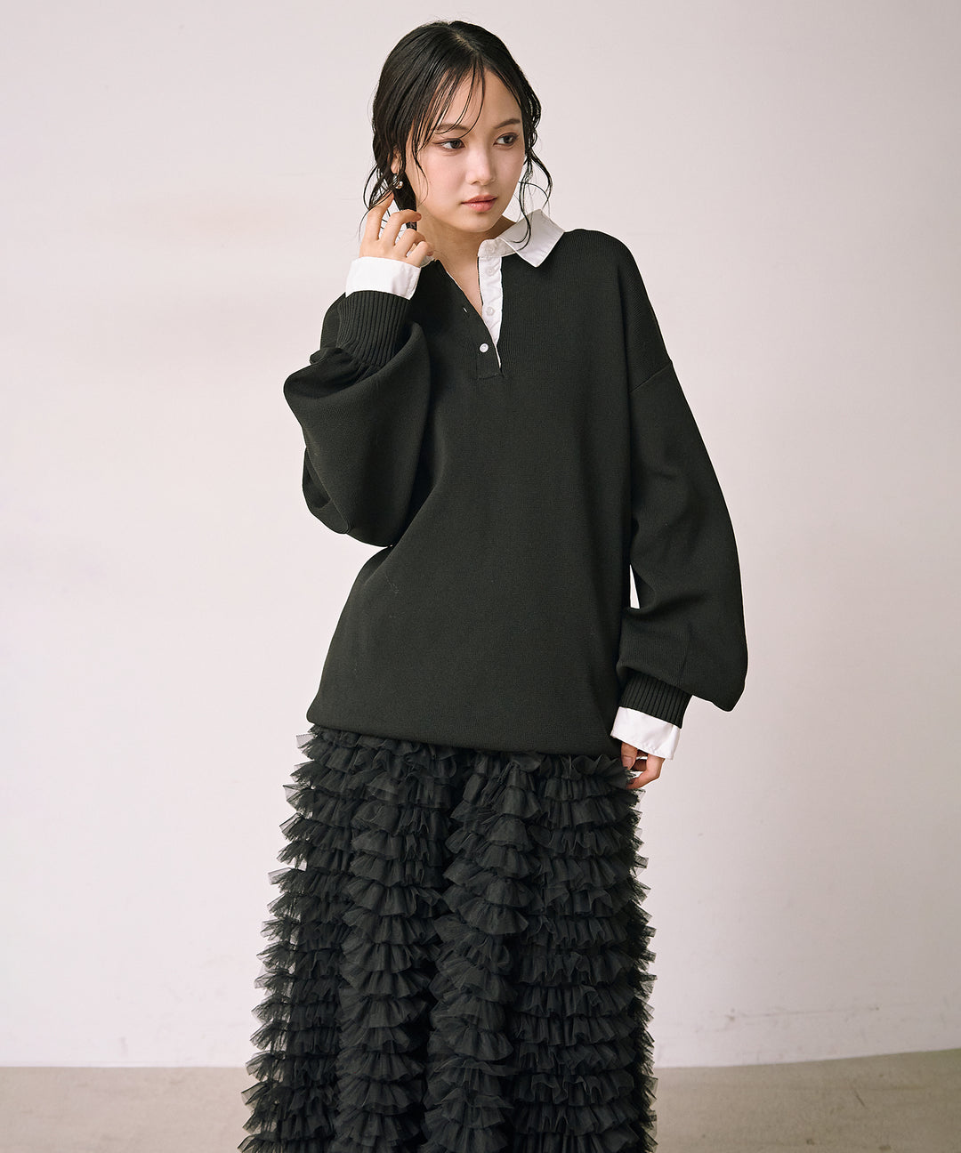 [SET]Texture Combi Polo Knit+Verbena Pin Tulle Skirt