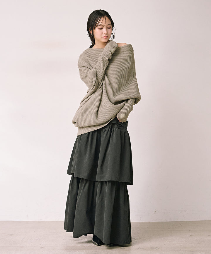 [SET]Drape Asymmetry Knit+Tiered Peach Skin Skirt