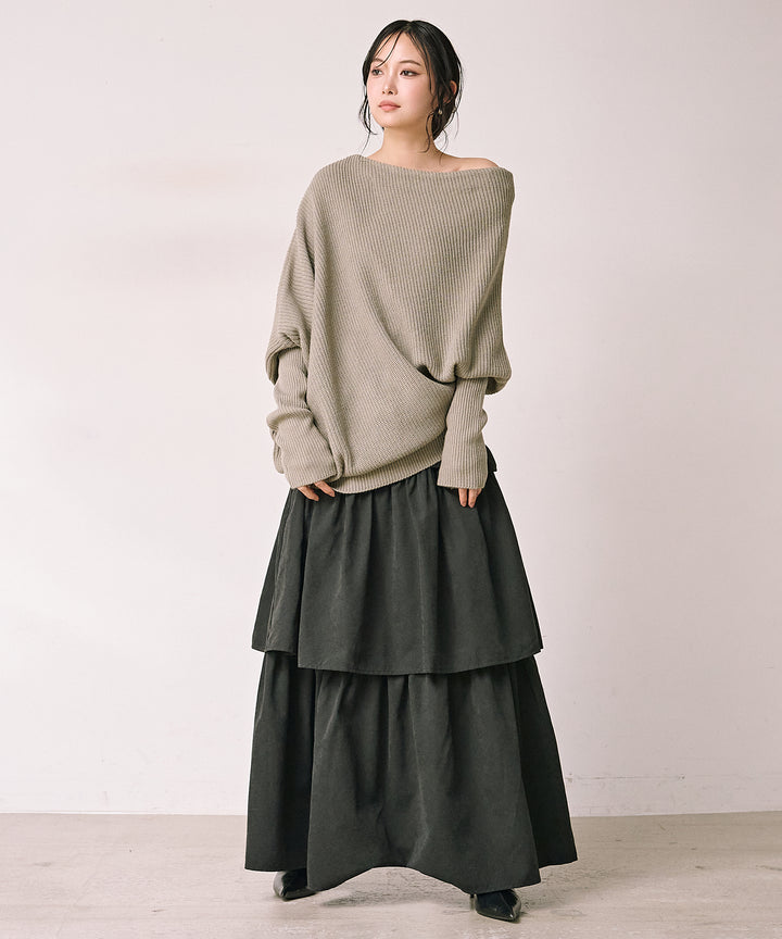 [SET]Drape Asymmetry Knit+Tiered Peach Skin Skirt