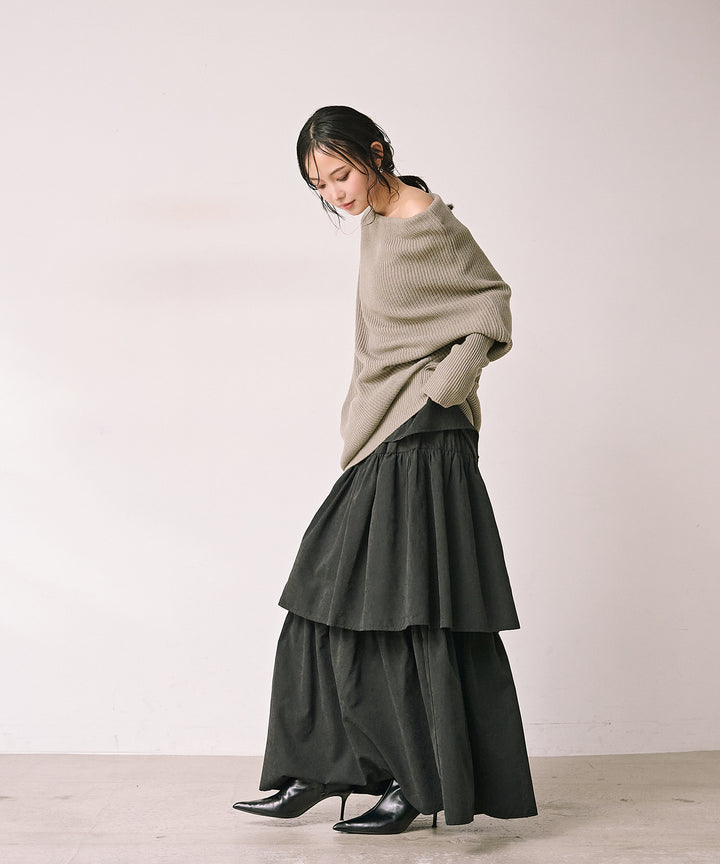 [SET]Drape Asymmetry Knit+Tiered Peach Skin Skirt