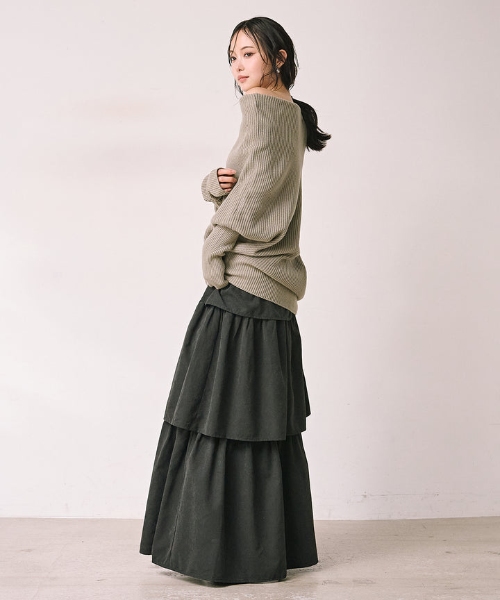 [SET]Drape Asymmetry Knit+Tiered Peach Skin Skirt