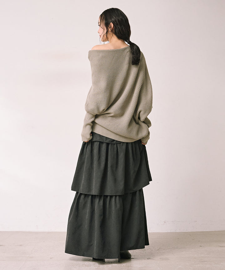 [SET]Drape Asymmetry Knit+Tiered Peach Skin Skirt