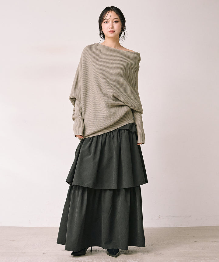 [SET]Drape Asymmetry Knit+Tiered Peach Skin Skirt