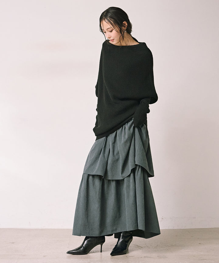 [SET]Drape Asymmetry Knit+Tiered Peach Skin Skirt