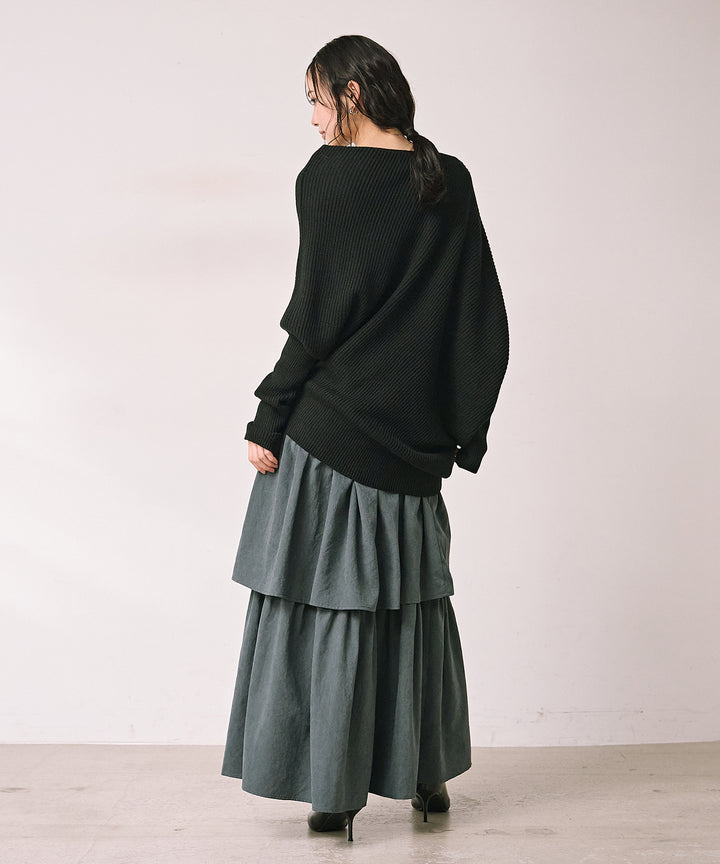 [SET]Drape Asymmetry Knit+Tiered Peach Skin Skirt