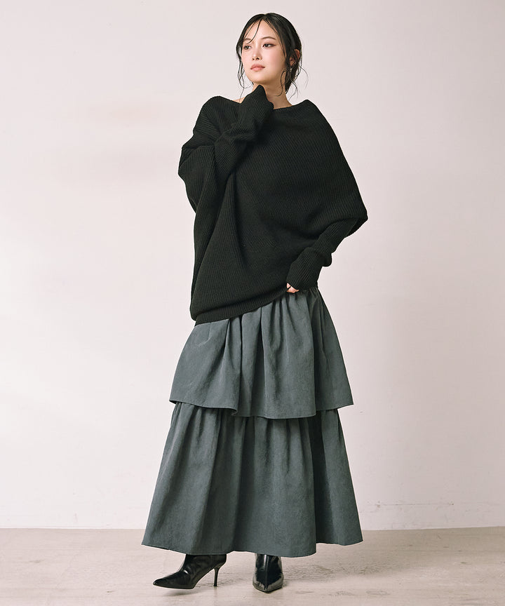 [SET]Drape Asymmetry Knit+Tiered Peach Skin Skirt