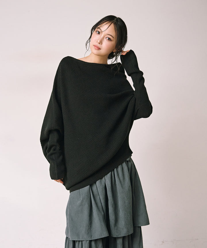 [SET]Drape Asymmetry Knit+Tiered Peach Skin Skirt