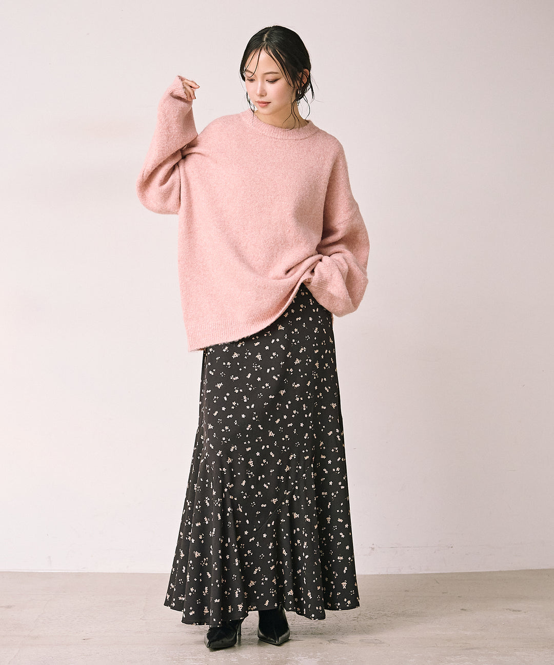[SET]Heather Mix Medi Knit PO+Floral Semi Flare Skirt(2set)