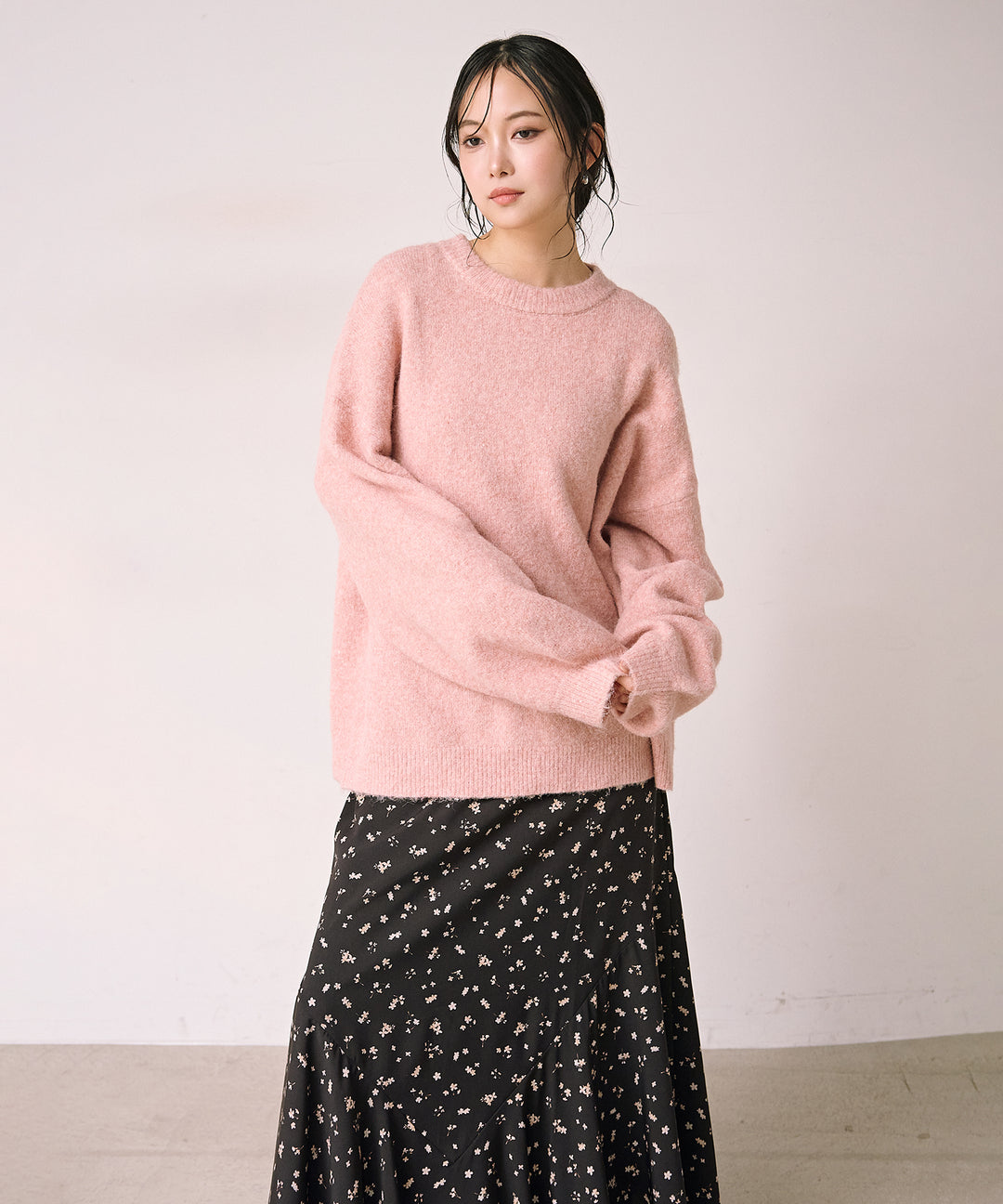 [SET]Heather Mix Medi Knit PO+Floral Semi Flare Skirt(2set)