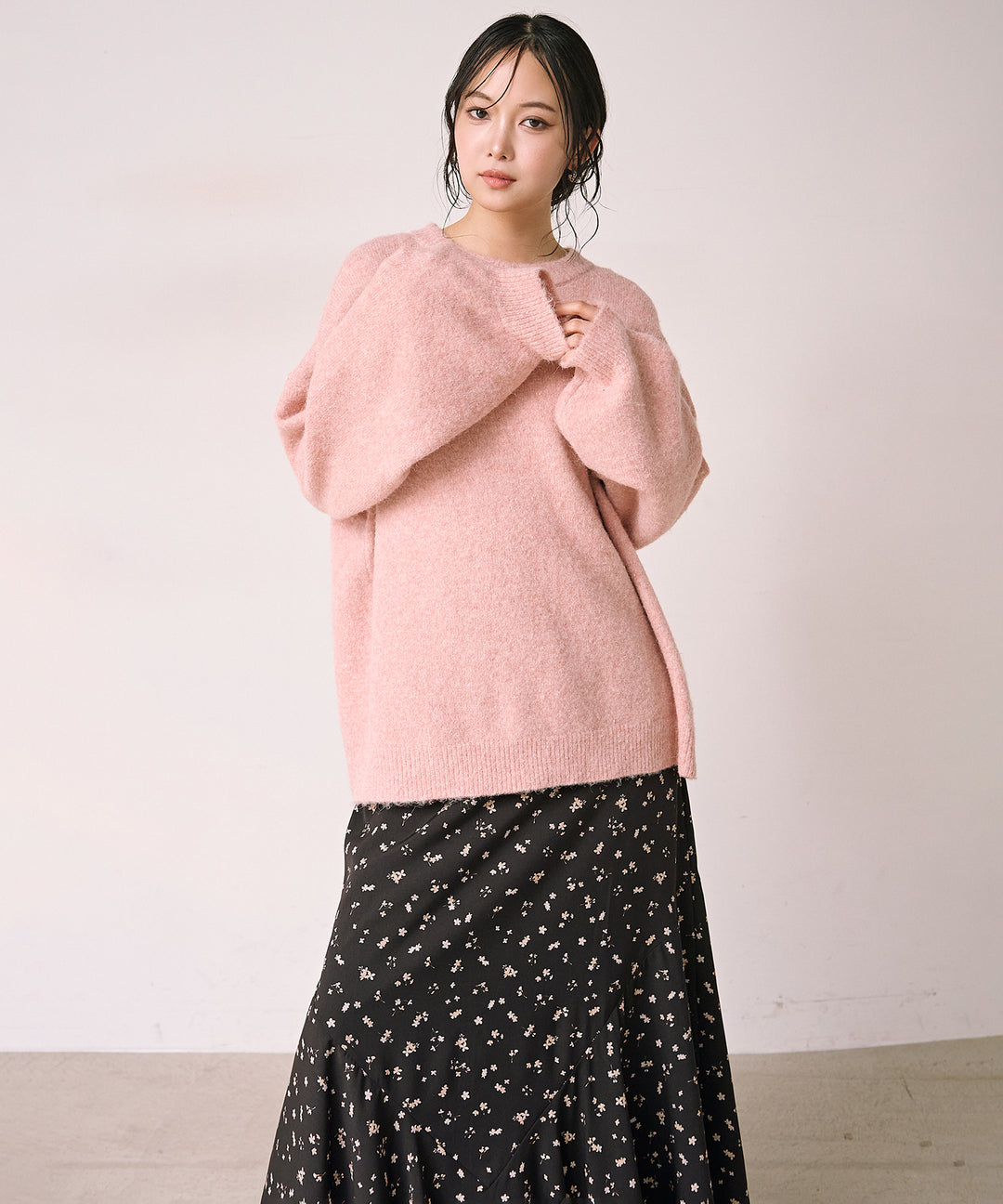 [SET]Heather Mix Medi Knit PO+Floral Semi Flare Skirt(2set)