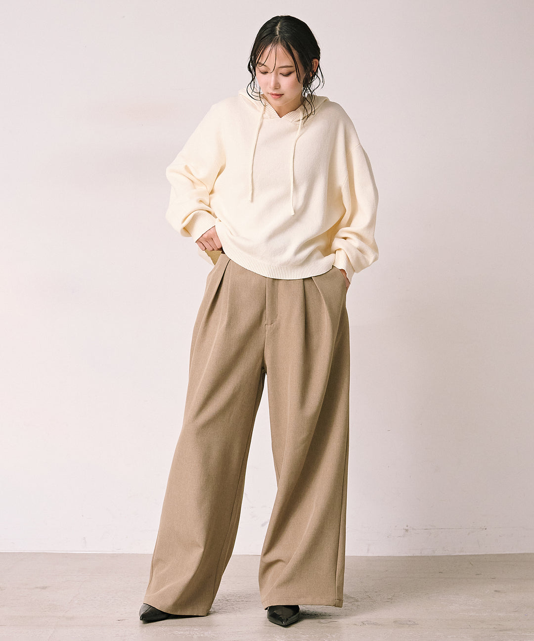 (eliuu)Satin Belt Highonz Tuck Slacks