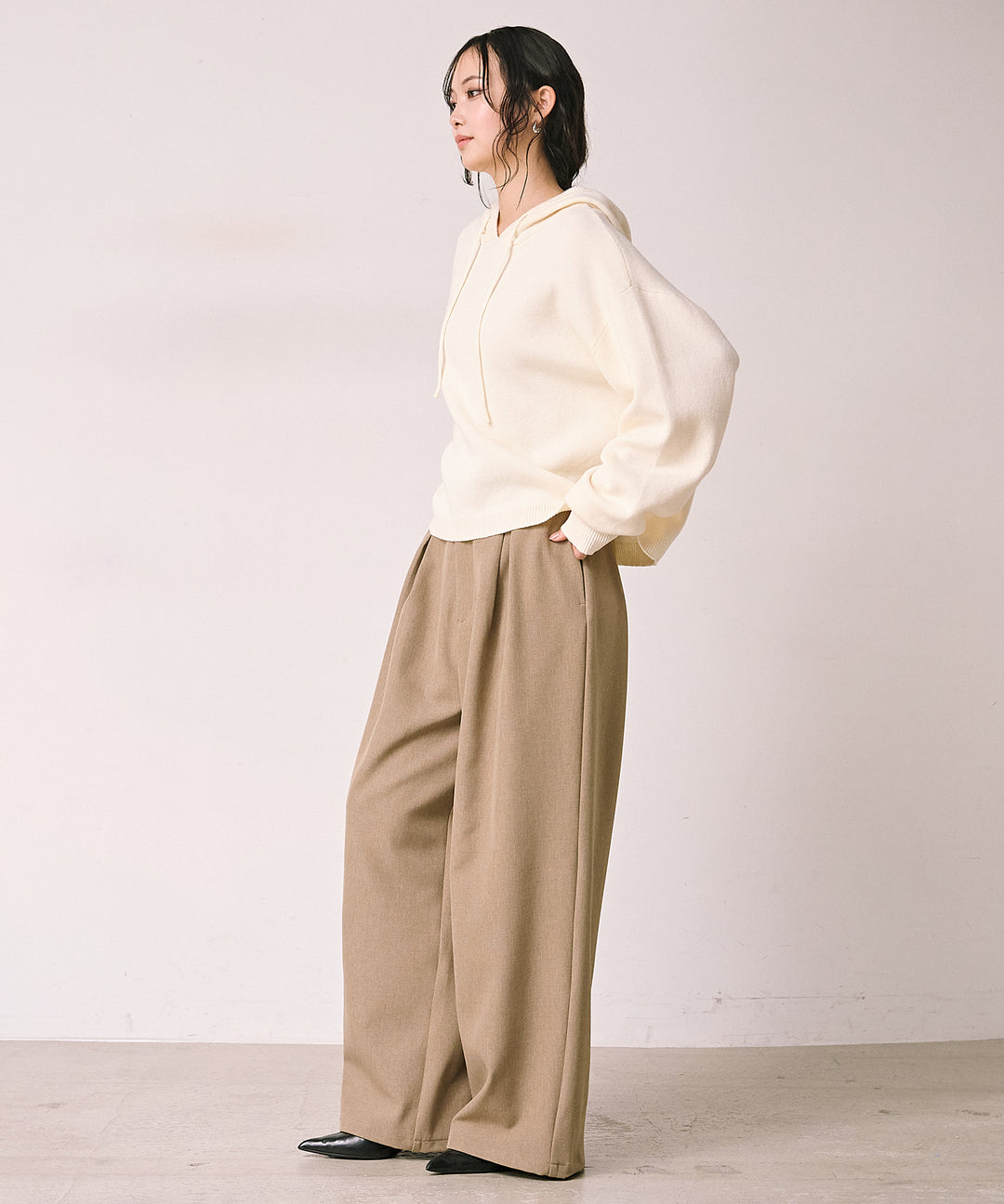 (eliuu)Satin Belt Highonz Tuck Slacks