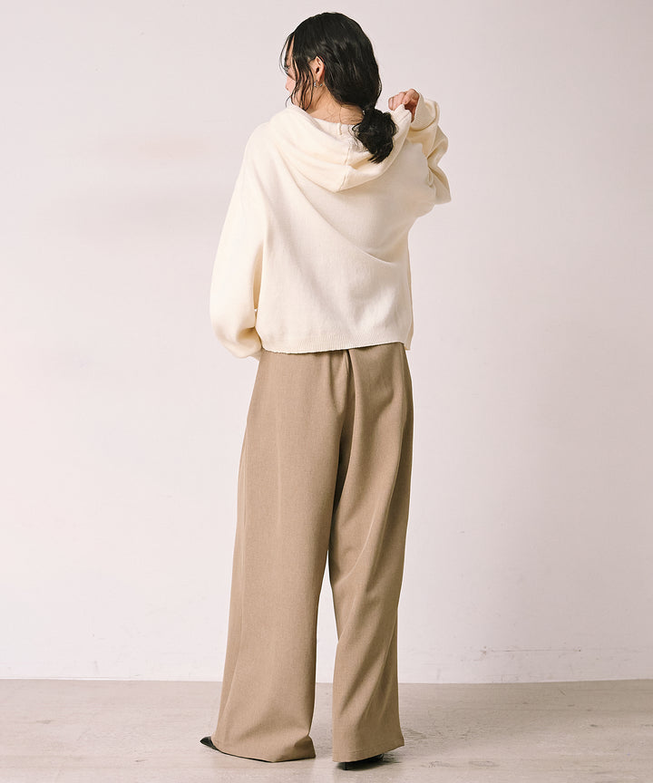 [SET]Simple Knit Hoodie+Satin Belt Highonz Tuck Slacks