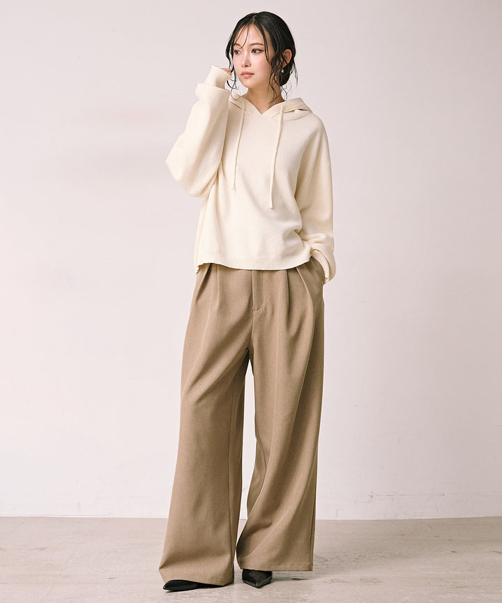 [SET]Simple Knit Hoodie+Satin Belt Highonz Tuck Slacks