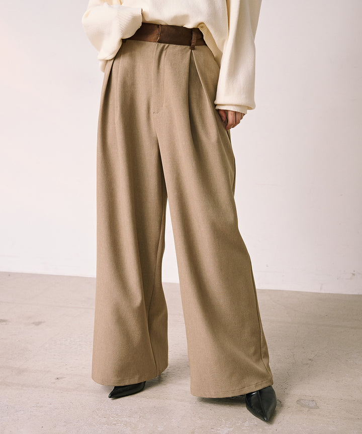 (eliuu)Satin Belt Highonz Tuck Slacks