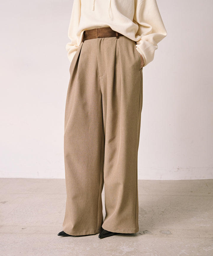 (eliuu)Satin Belt Highonz Tuck Slacks