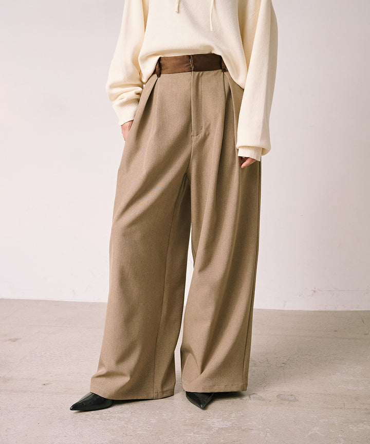 (eliuu)Satin Belt Highonz Tuck Slacks