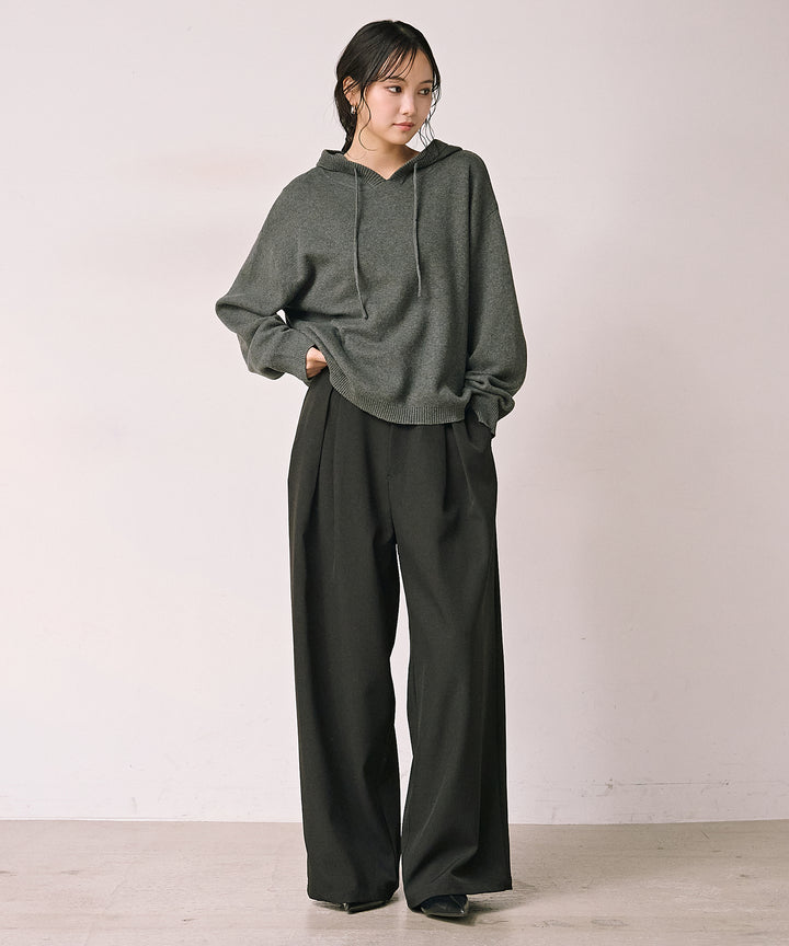 [SET]Simple Knit Hoodie+Satin Belt Highonz Tuck Slacks