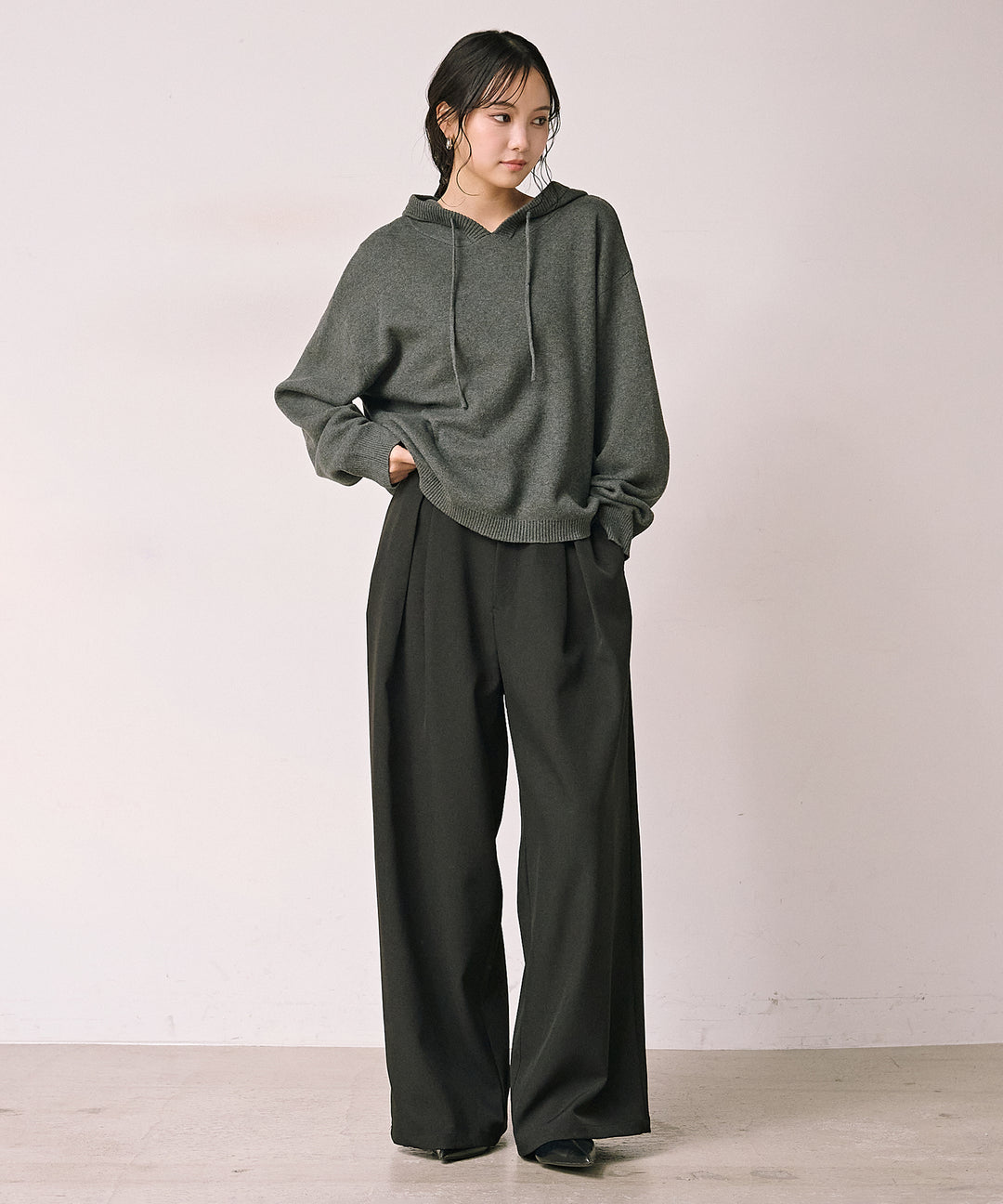 (eliuu)Satin Belt Highonz Tuck Slacks