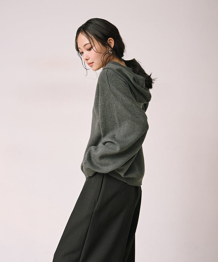 [SET]Simple Knit Hoodie+Satin Belt Highonz Tuck Slacks