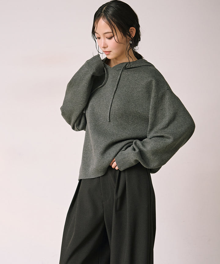 [SET]Simple Knit Hoodie+Satin Belt Highonz Tuck Slacks