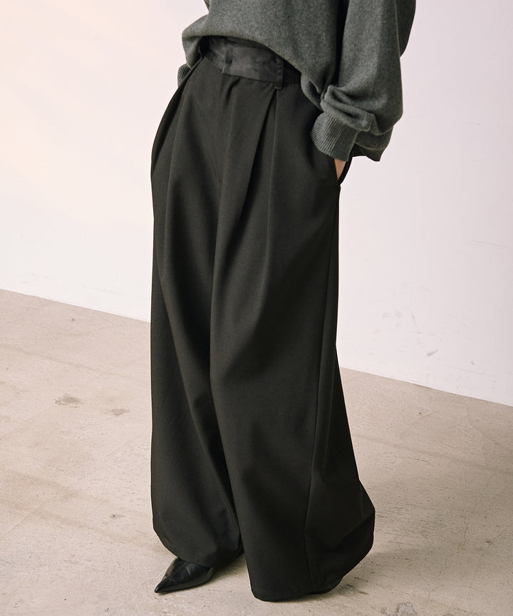 (eliuu)Satin Belt Highonz Tuck Slacks
