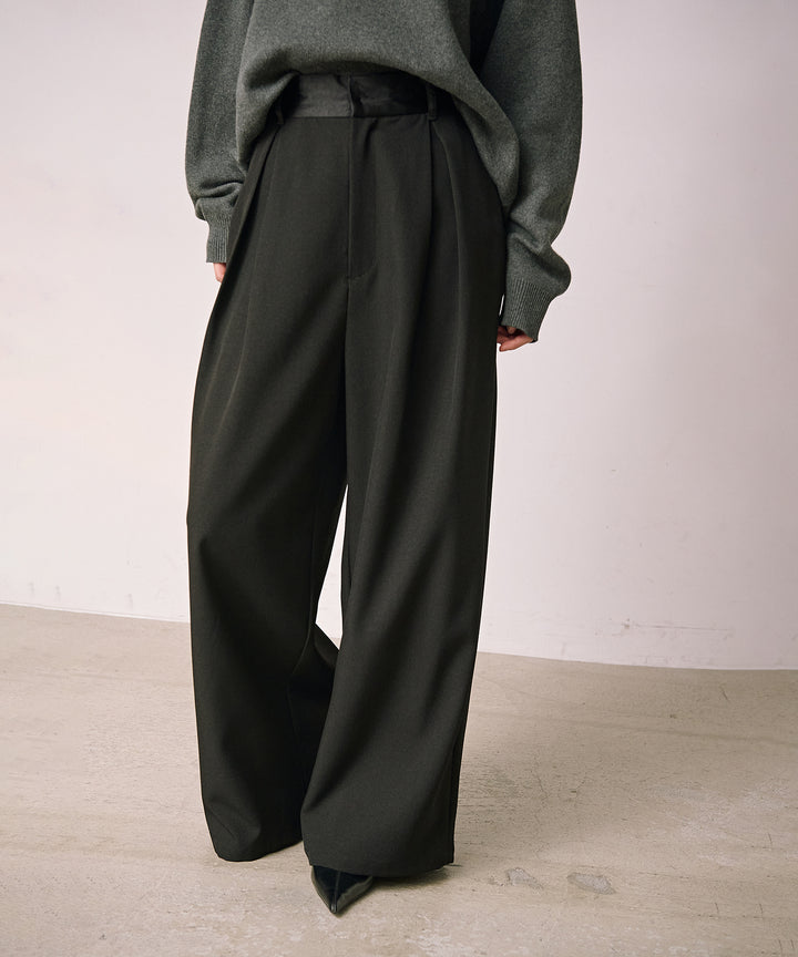 (eliuu)Satin Belt Highonz Tuck Slacks