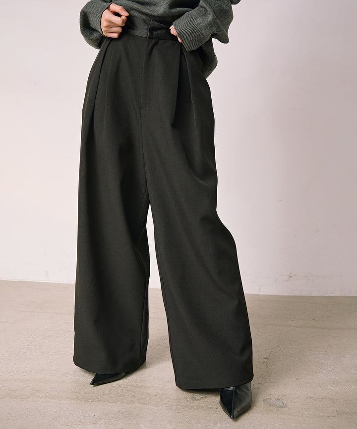 (eliuu)Satin Belt Highonz Tuck Slacks