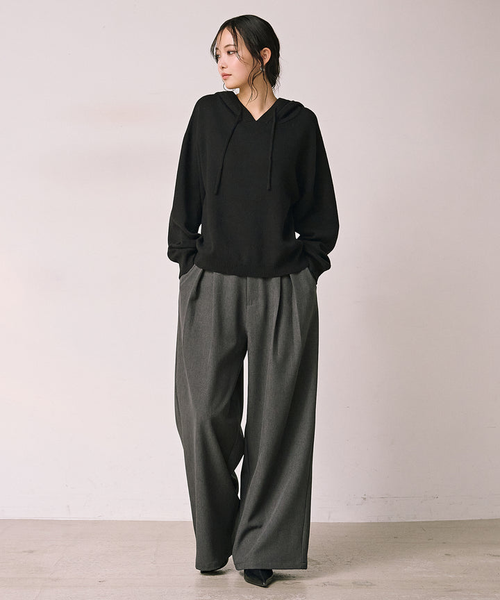 (eliuu)Satin Belt Highonz Tuck Slacks