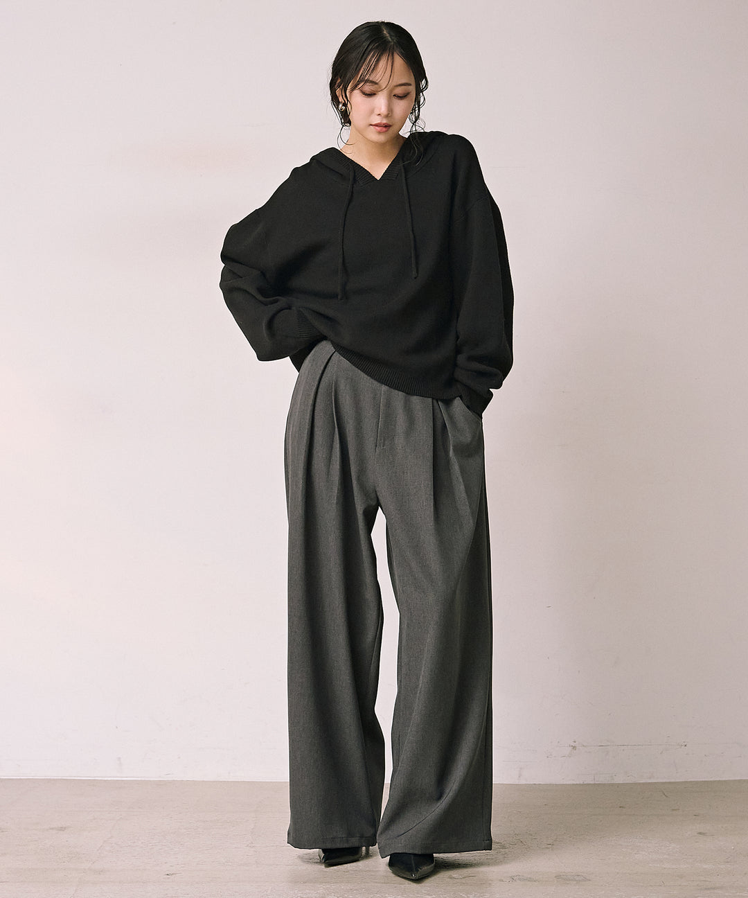 (eliuu)Satin Belt Highonz Tuck Slacks
