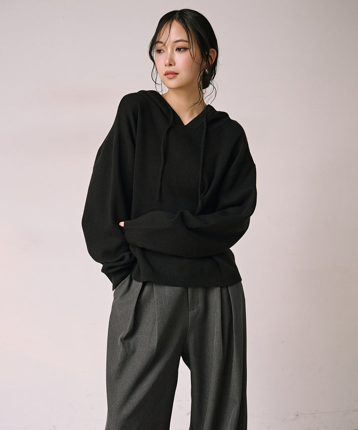 [SET]Simple Knit Hoodie+Satin Belt Highonz Tuck Slacks