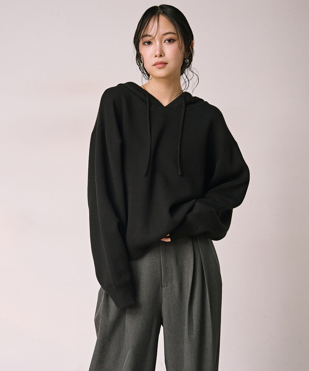 [SET]Simple Knit Hoodie+Satin Belt Highonz Tuck Slacks
