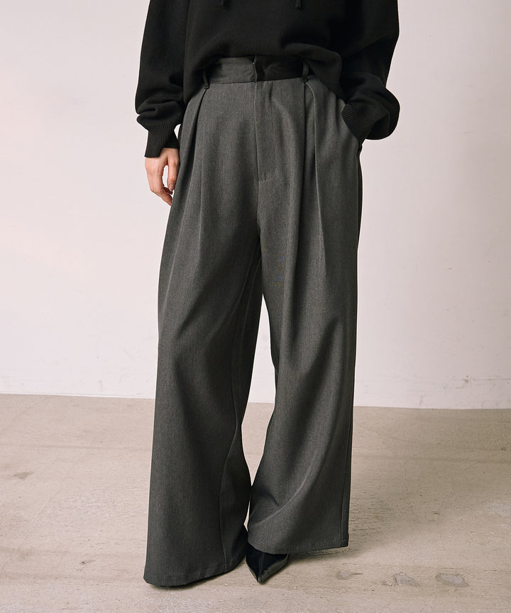 (eliuu)Satin Belt Highonz Tuck Slacks