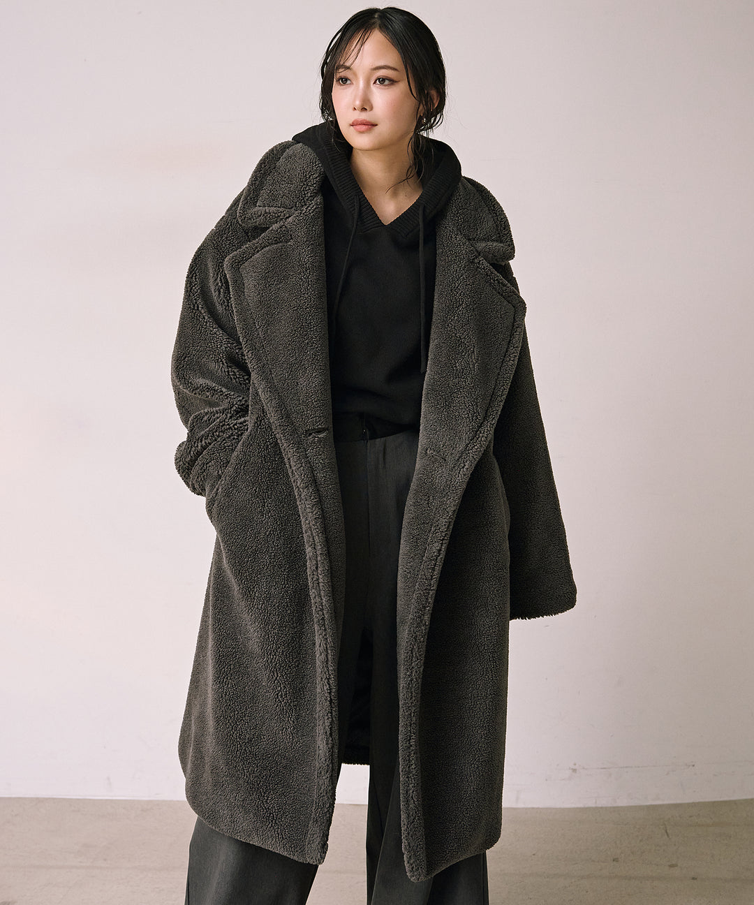 [SET]Simple Knit Hoodie+Satin Belt Highonz Tuck Slacks