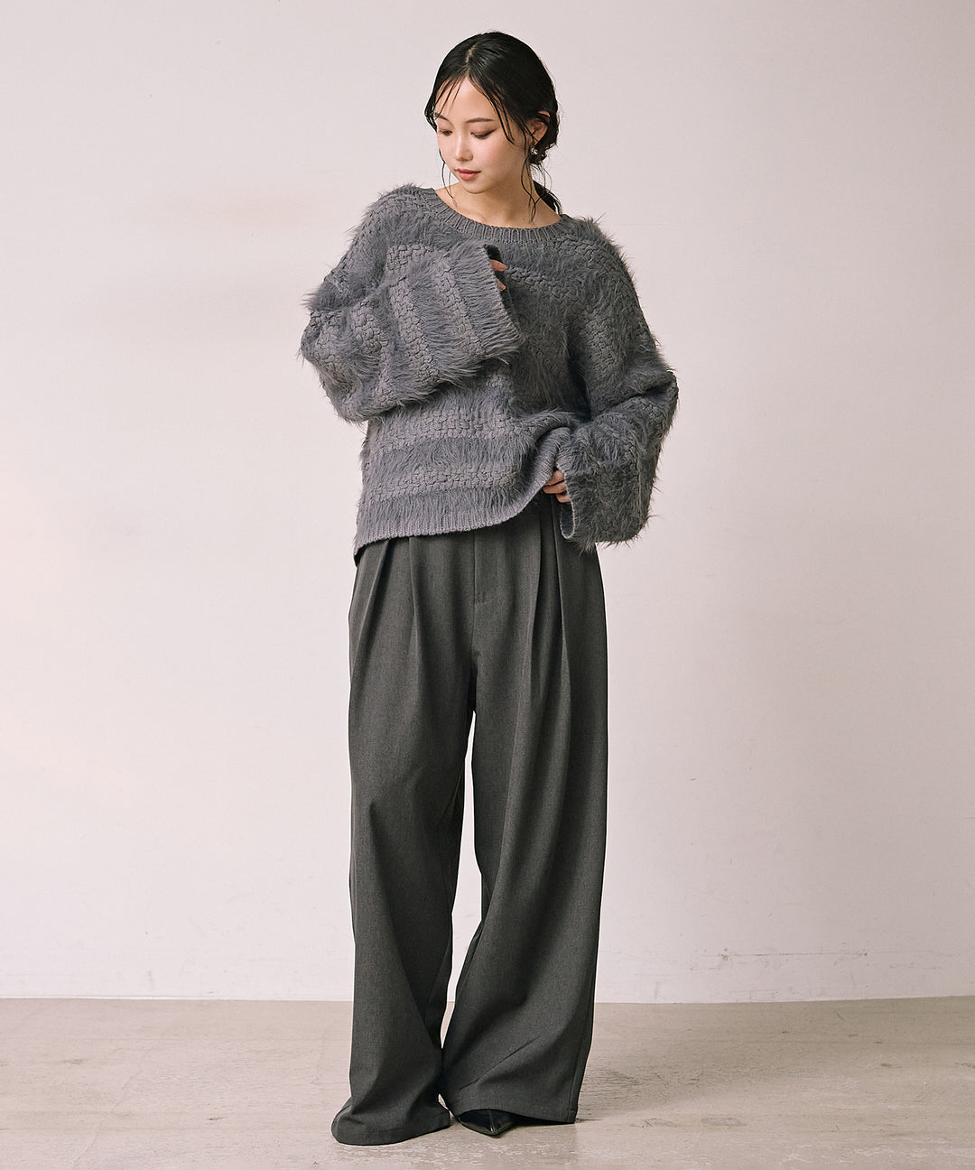 [SET]Bulky Feather Line P/O Knit+Satin Belt Highonz Tuck Slacks