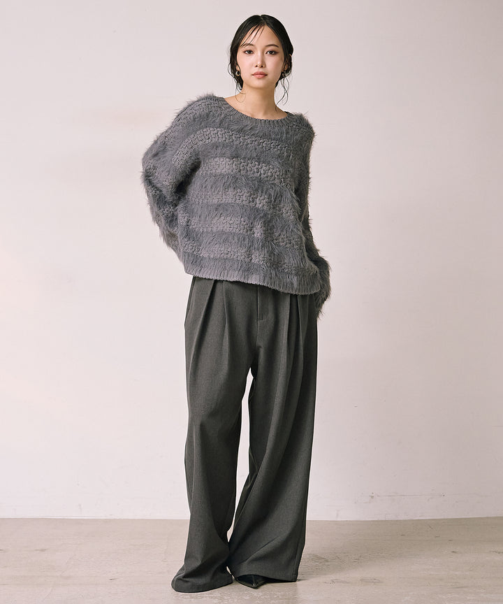 [SET]Bulky Feather Line P/O Knit+Satin Belt Highonz Tuck Slacks