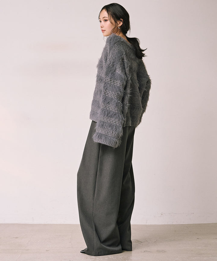[SET]Bulky Feather Line P/O Knit+Satin Belt Highonz Tuck Slacks