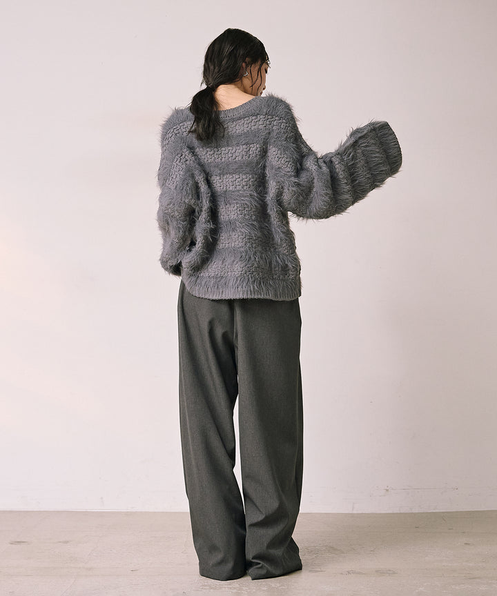 [SET]Bulky Feather Line P/O Knit+Satin Belt Highonz Tuck Slacks