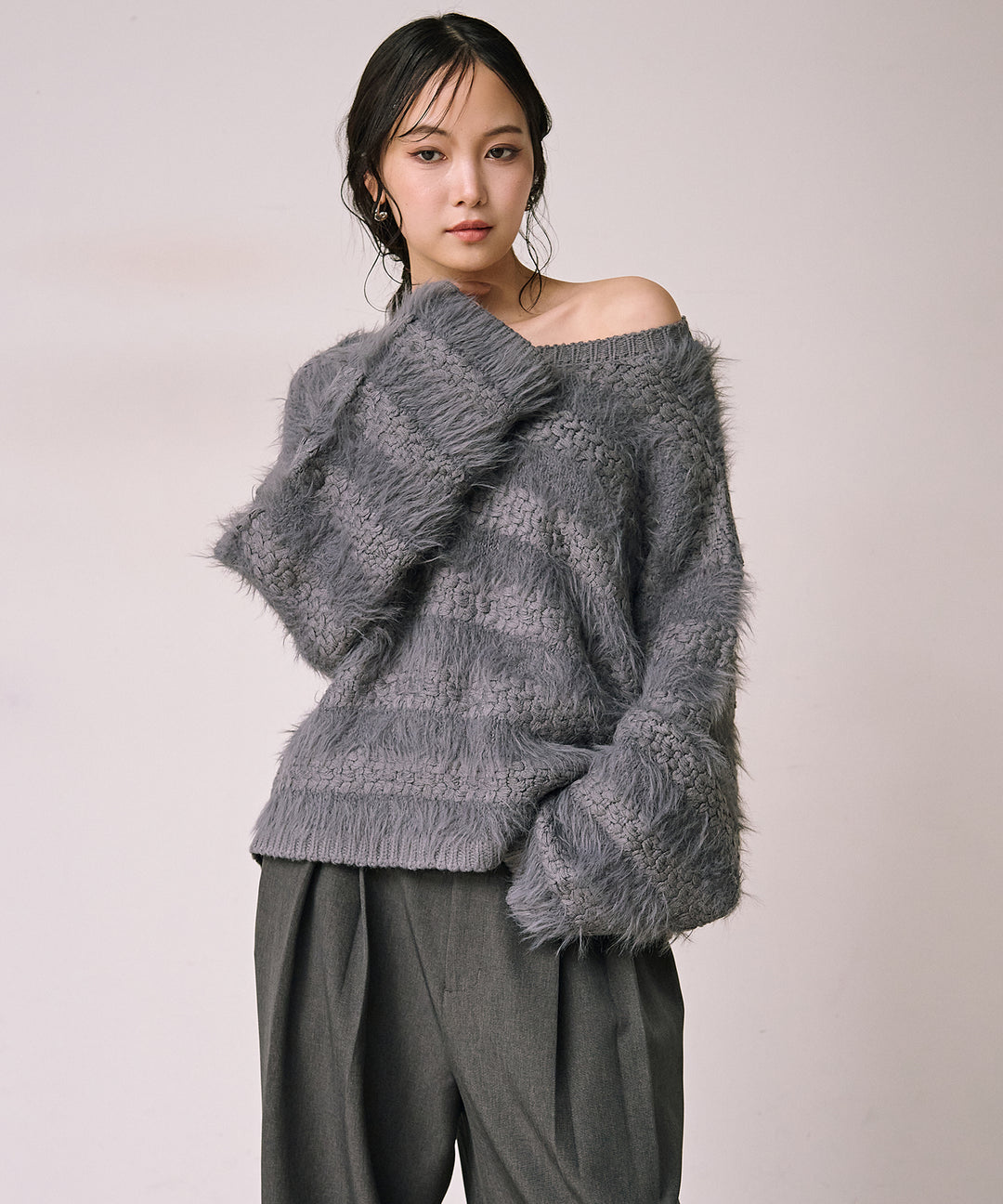 [SET]Bulky Feather Line P/O Knit+Satin Belt Highonz Tuck Slacks