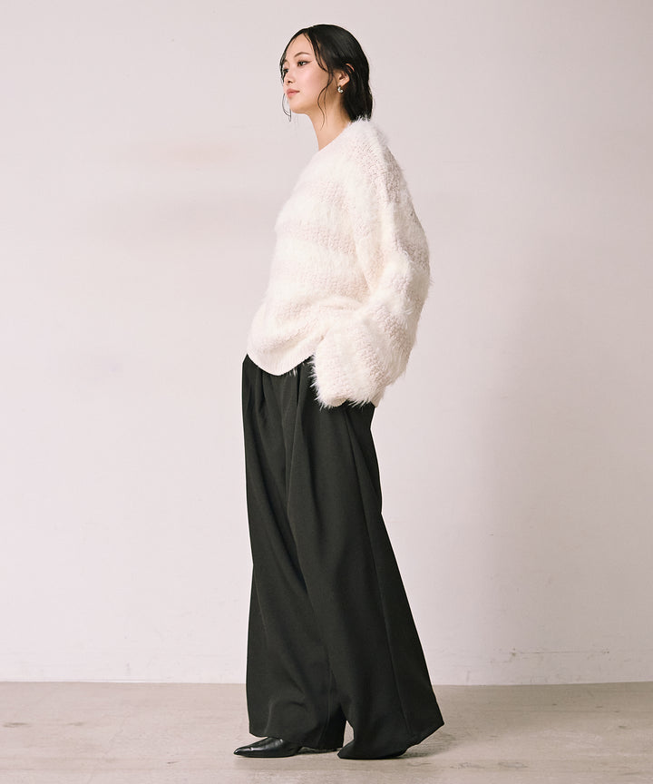 [SET]Bulky Feather Line P/O Knit+Satin Belt Highonz Tuck Slacks