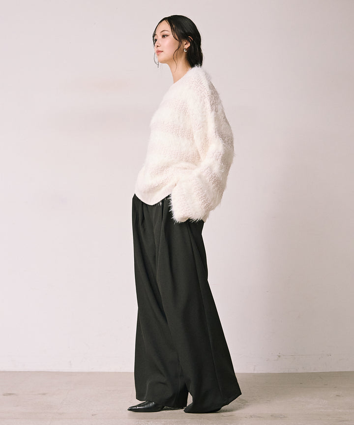 (eliuu)Satin Belt Highonz Tuck Slacks