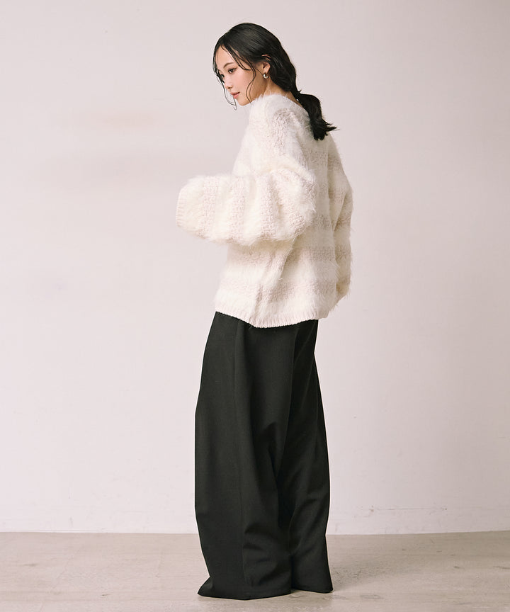 [SET]Bulky Feather Line P/O Knit+Satin Belt Highonz Tuck Slacks